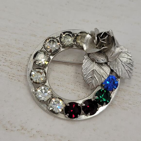 Sterling Silver Multi Color Rhinestone Wreath Brooch Pin Set Mother’s Day Gift - Picture 8 of 12